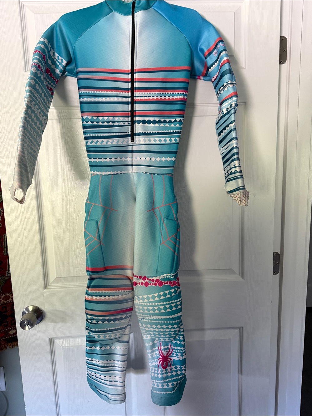 Spyder Aqua and Pink Striped One-Piece Ski Race suit